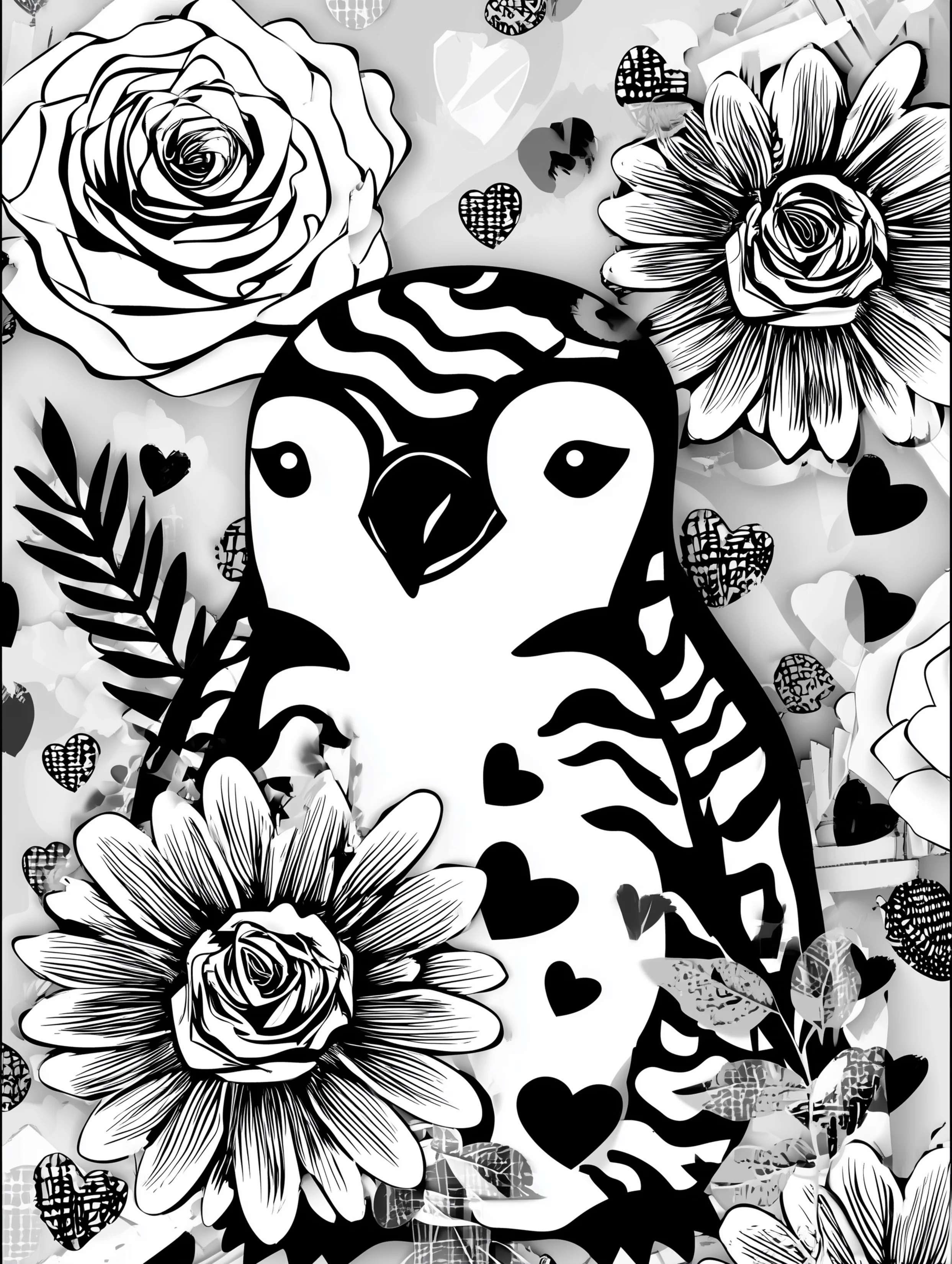 Free printable zoo coloring sheet featuring a penguin with floral details